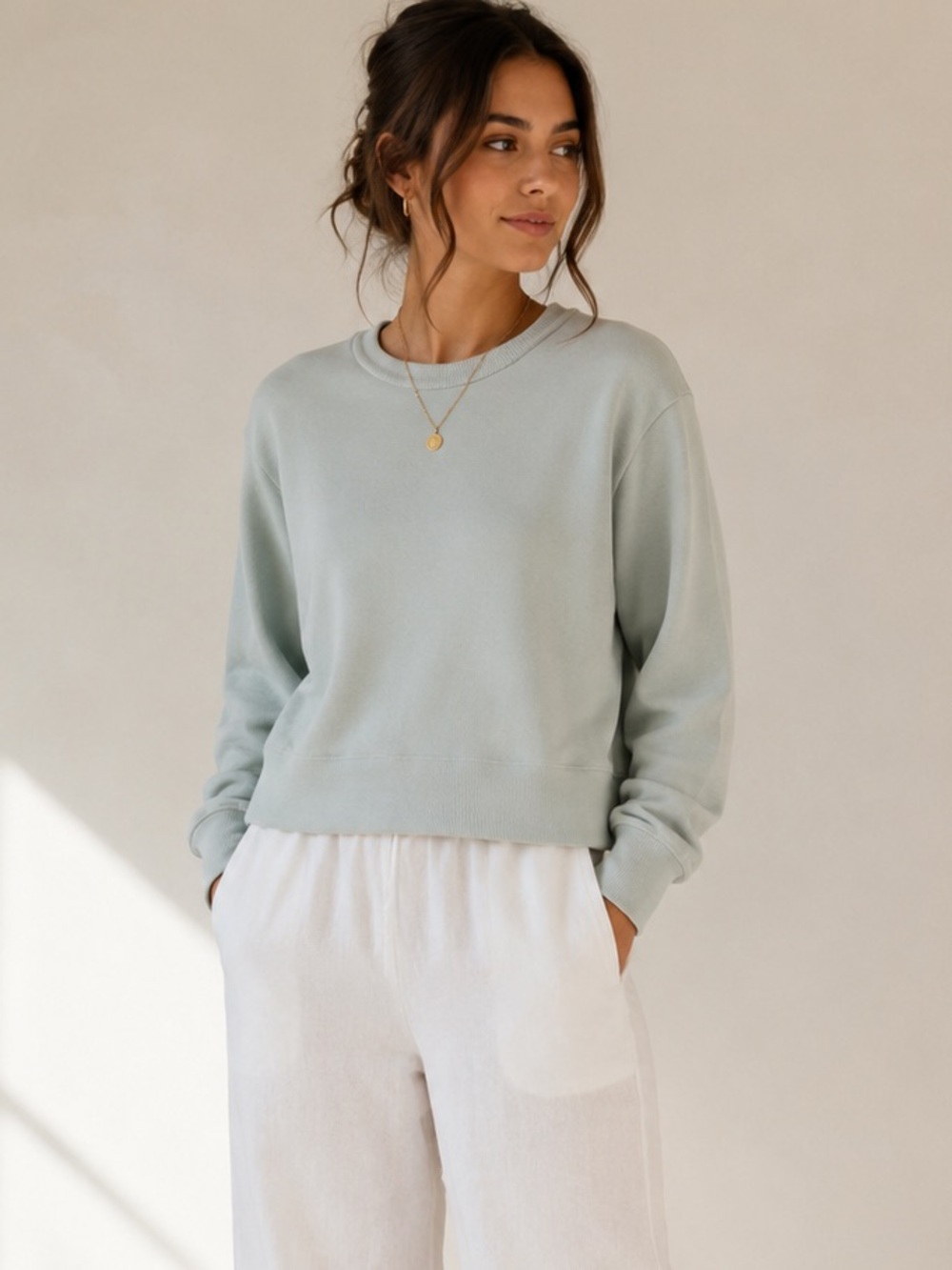 Comptoir Des Cotonniers Sage Green Minimalist Terrycloth Side Snap Sweatshirt